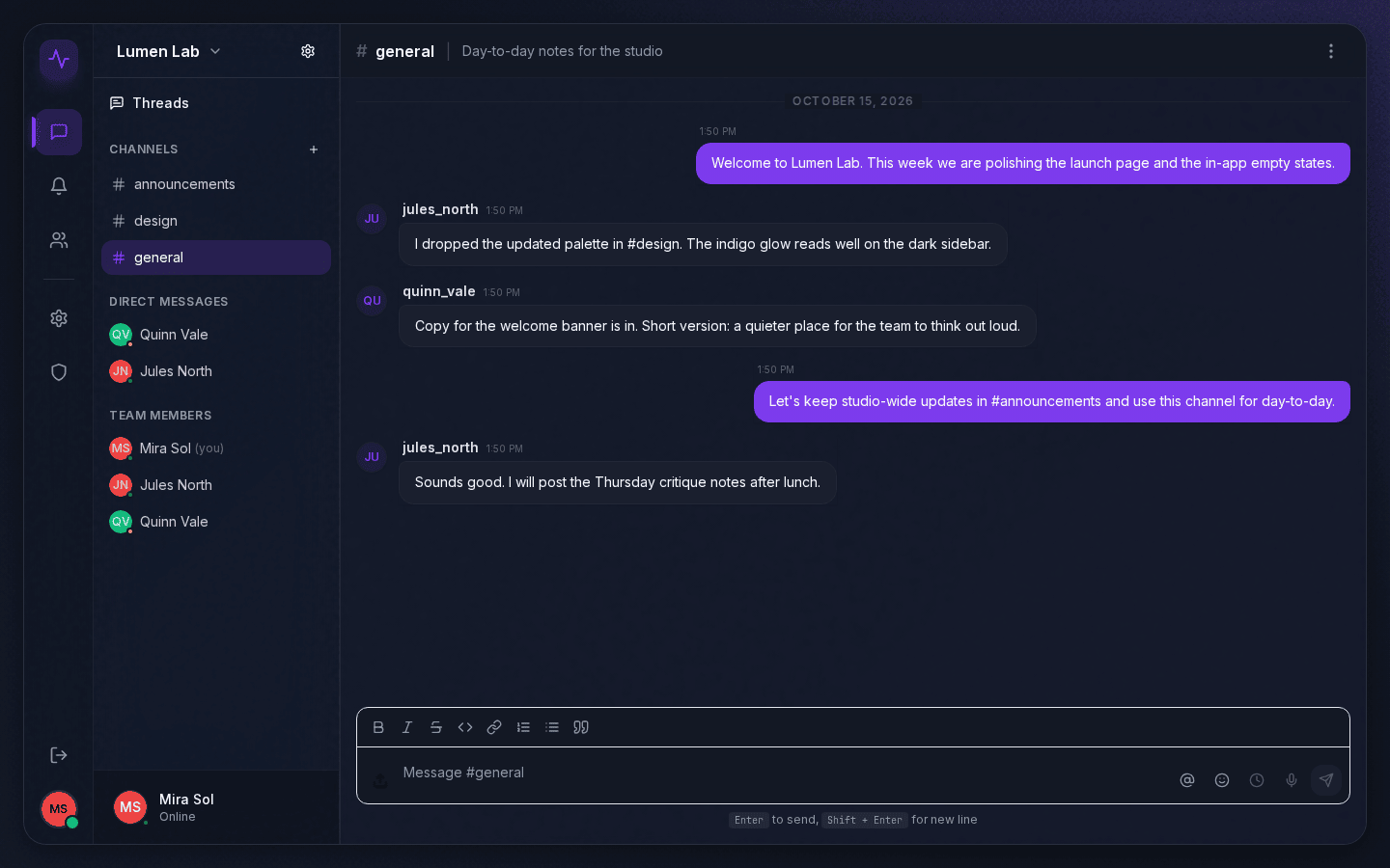 PulseWeave web app showing the #general channel with team messages