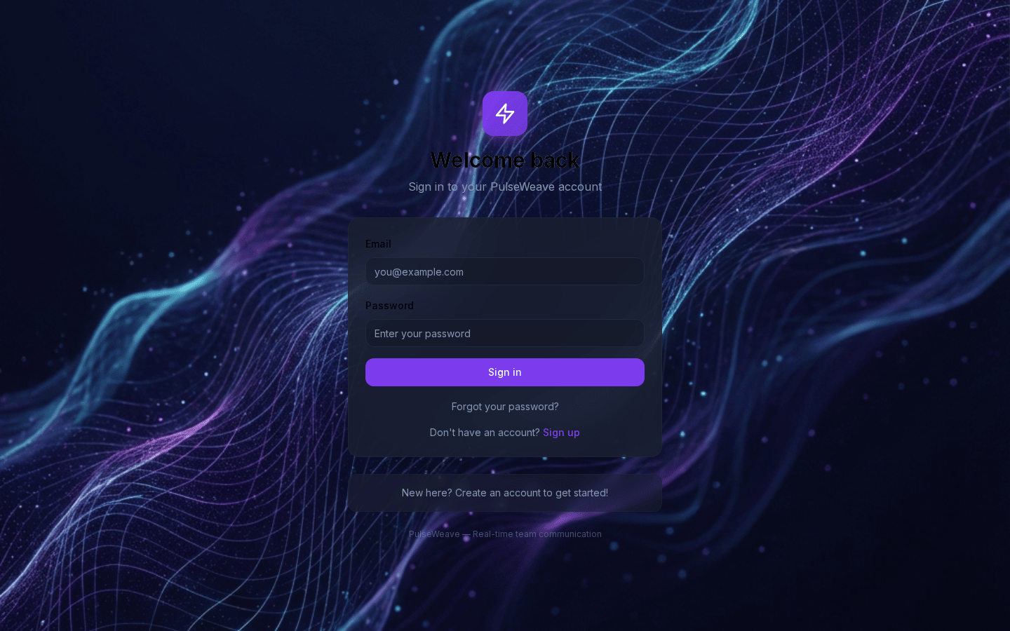 PulseWeave sign-in screen with email and password fields