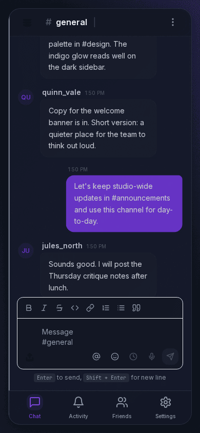 PulseWeave mobile app showing the #general channel, message composer and bottom tab bar
