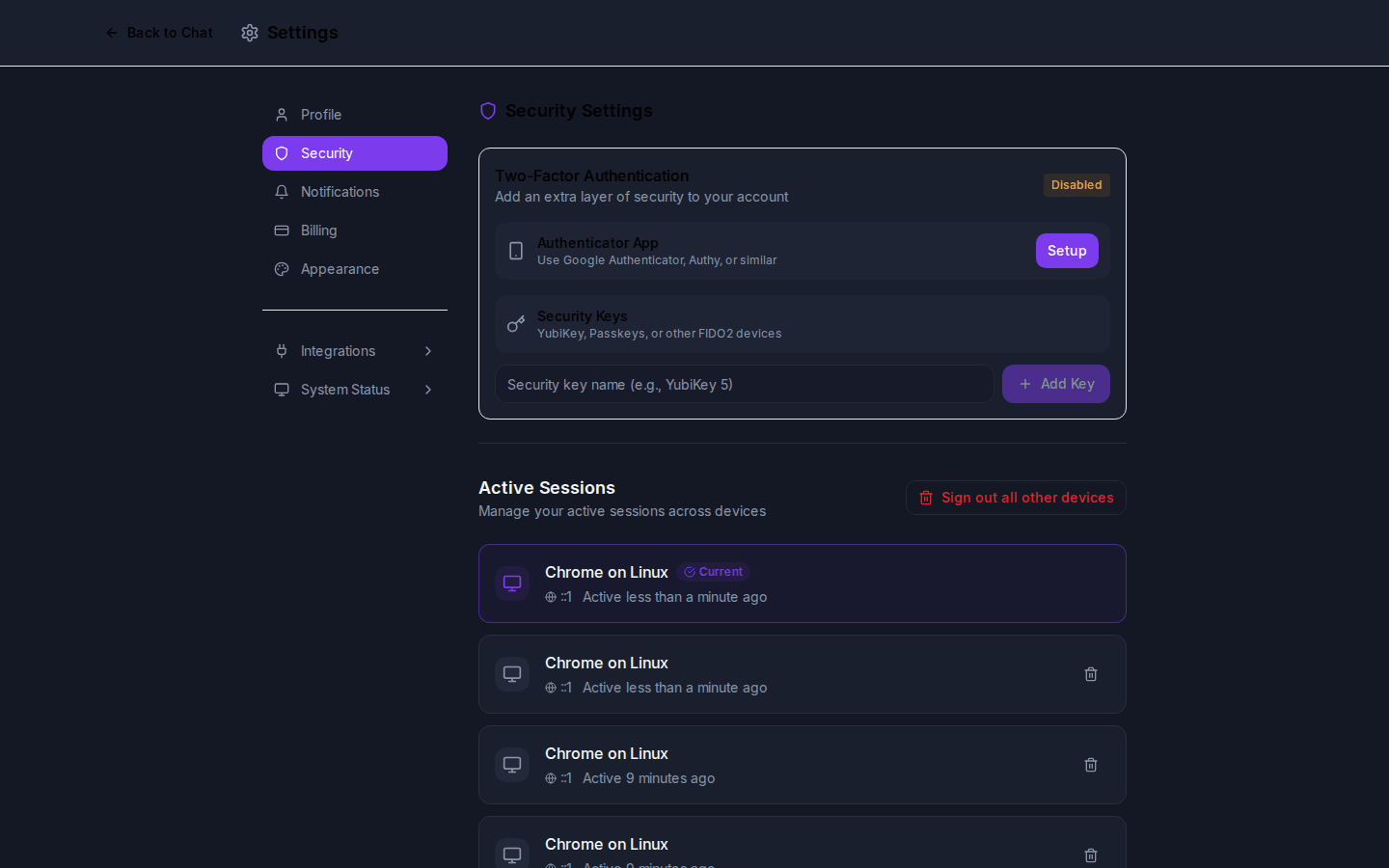 PulseWeave security settings: two-factor authentication with authenticator app and security key options, and a list of active sessions with sign-out controls