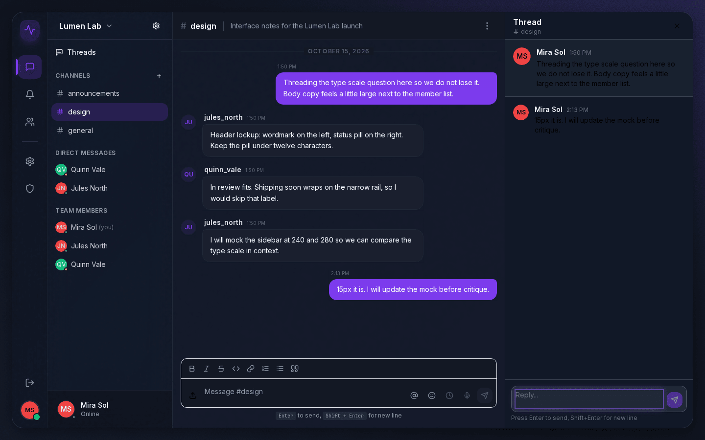 PulseWeave desktop view: workspace sidebar with channels and direct messages, the #design channel, and an open thread panel